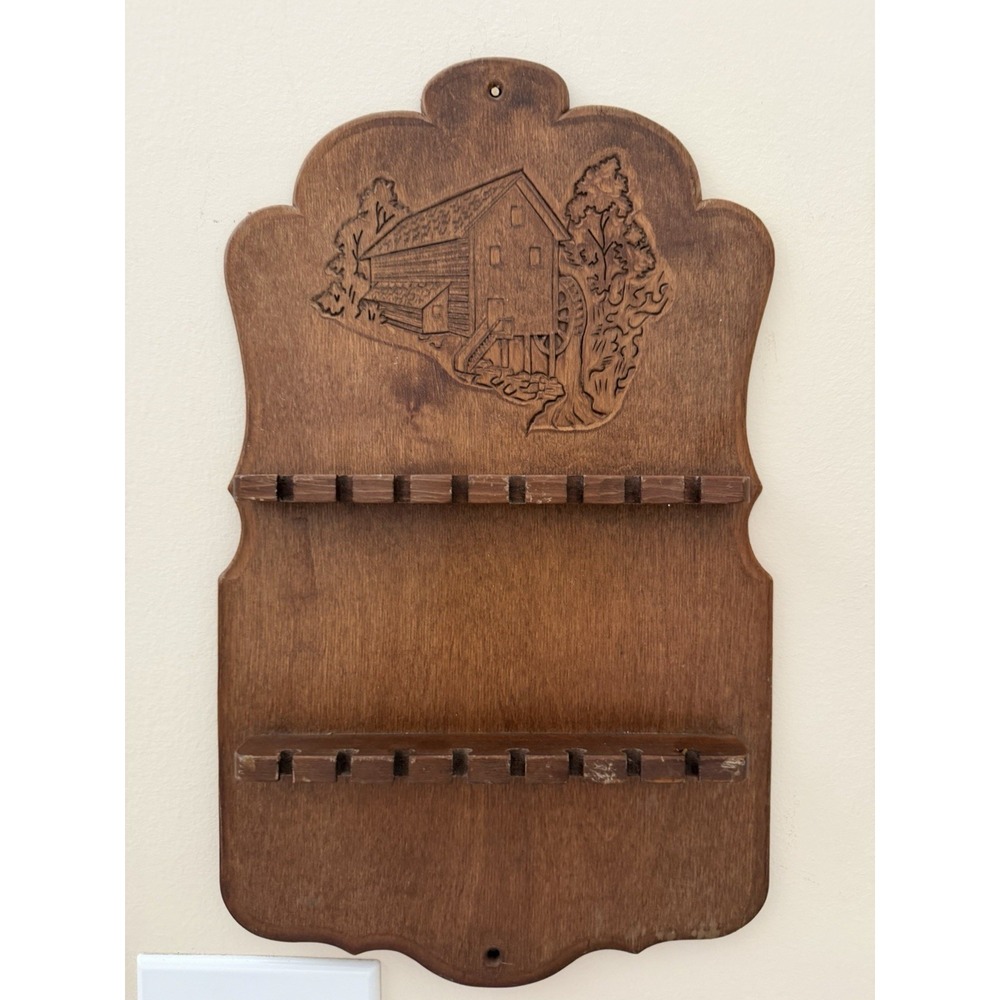 Vintage Wooden Souvenir Spoon Display Rack Wall Mounted Farmhouse 16 Slots